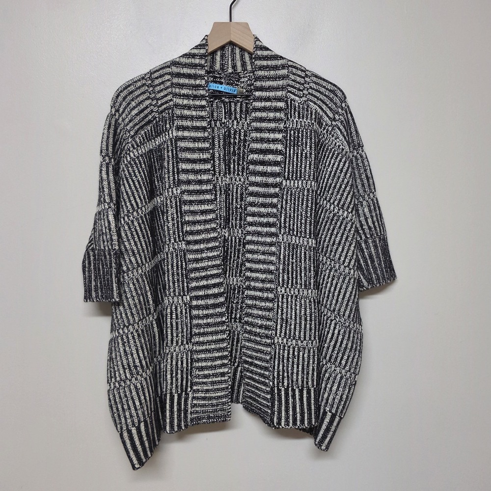 ALICE + OLIVIA Black White Wool Nera Rib Knit Boxy Oversized Cardi Sweater Small